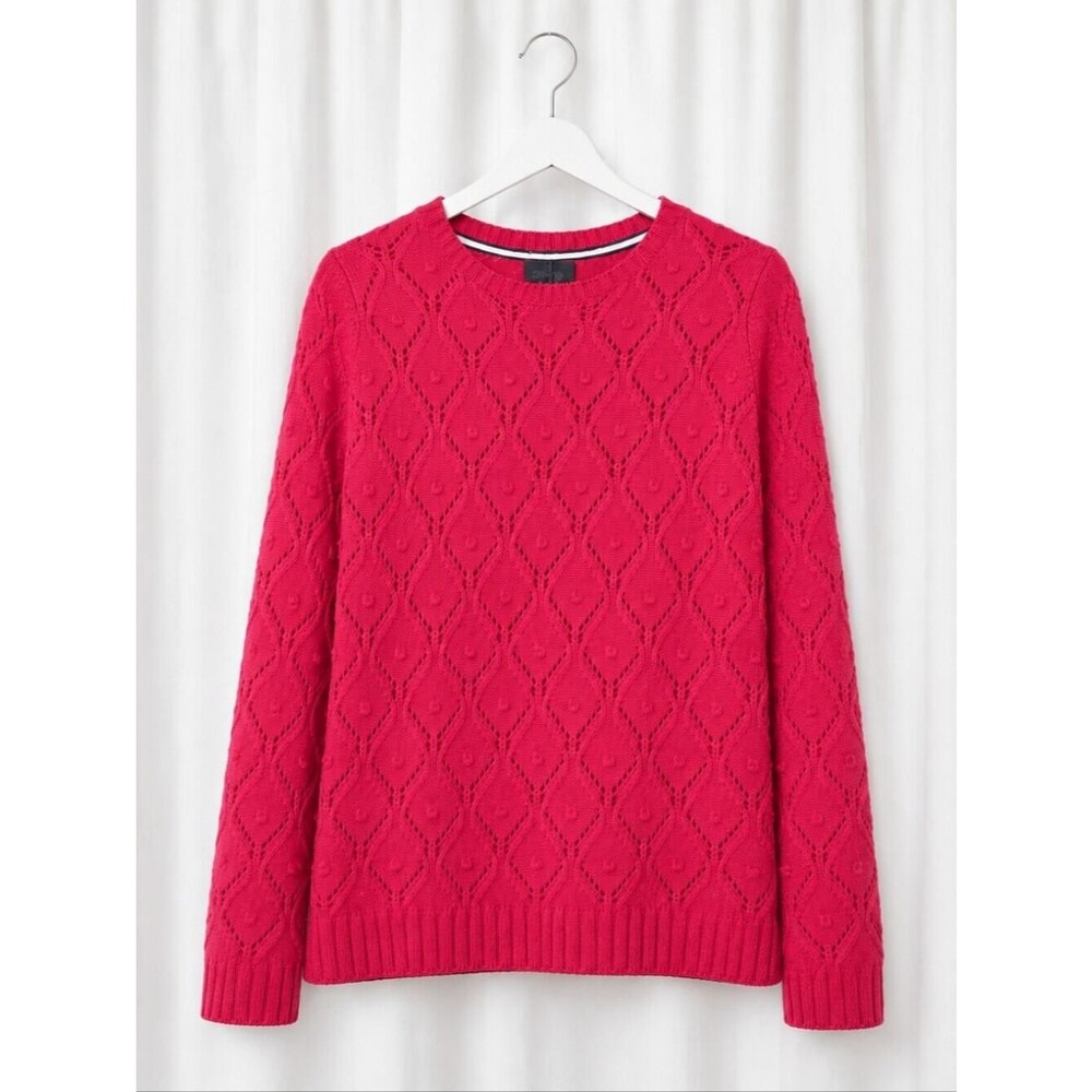 Tommy Hilfiger Deep Pink Pointelle Diamond Knit Bobble Accent Crew Neck Sweater